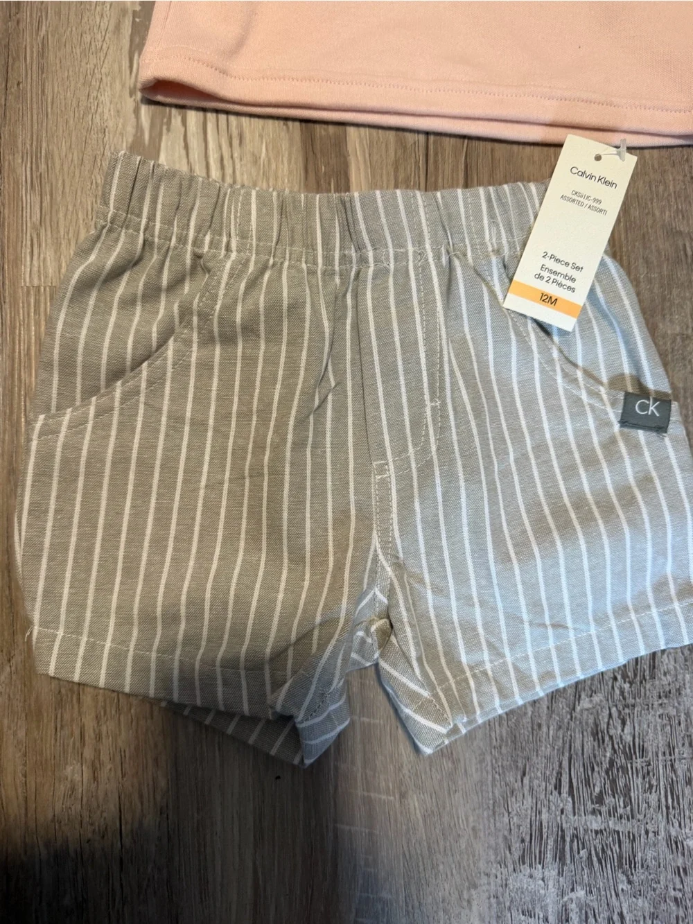 Calvin Klein Pink Polo Top with Gray Striped Shorts Set